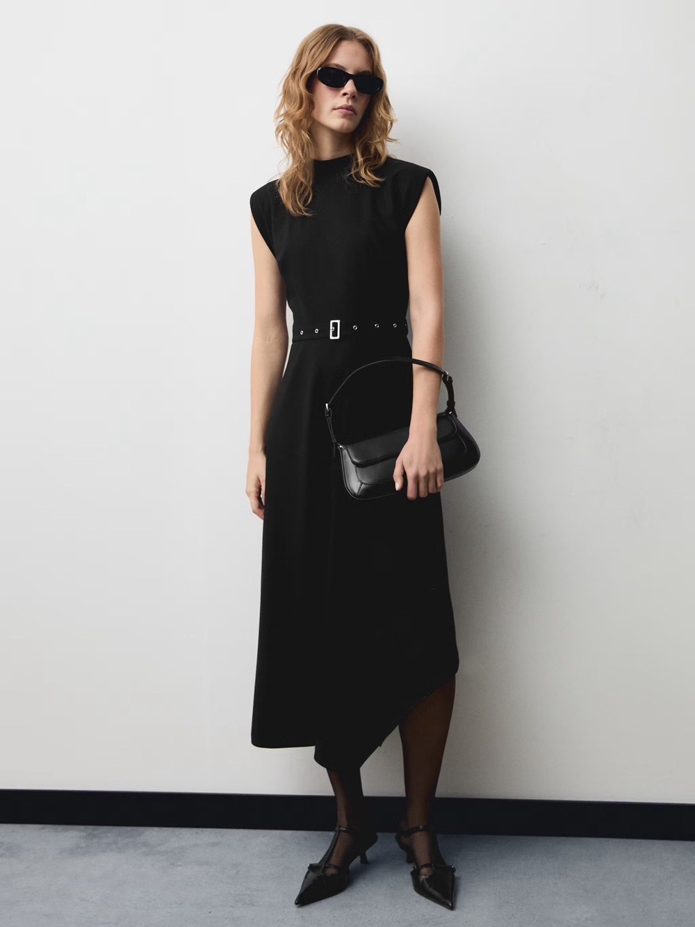 Mango Black asymmetrical dress with belt NWT